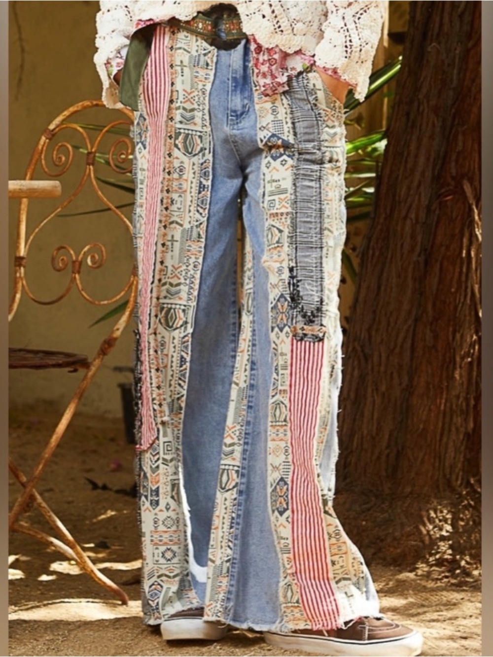 New: POL “Be Legendary” Bohemian Mixed Patchwork Wide Leg Jeans• Large - Picture 6 of 8